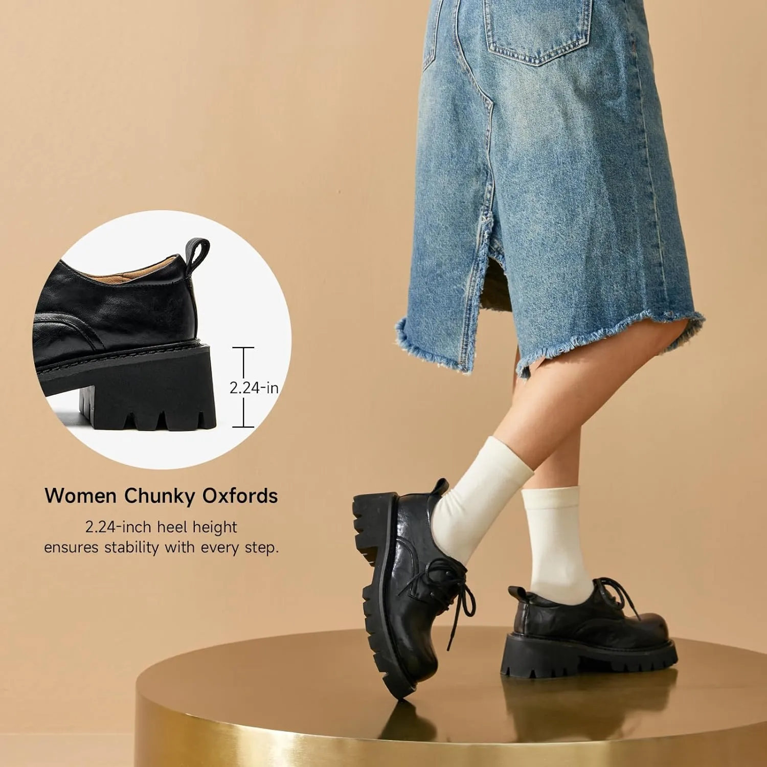 BEAU TODAY Chunky Platform Oxford Shoes for Women - Casual Round Toe Lace-up Leather Oxfords - Comfortable Business Lug Sole Dress Shoes
