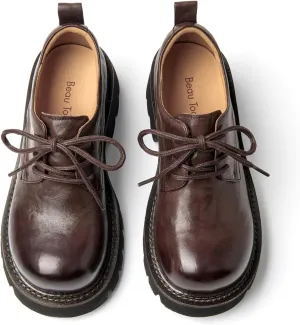 BEAU TODAY Chunky Platform Oxford Shoes for Women - Casual Round Toe Lace-up Leather Oxfords - Comfortable Business Lug Sole Dress Shoes