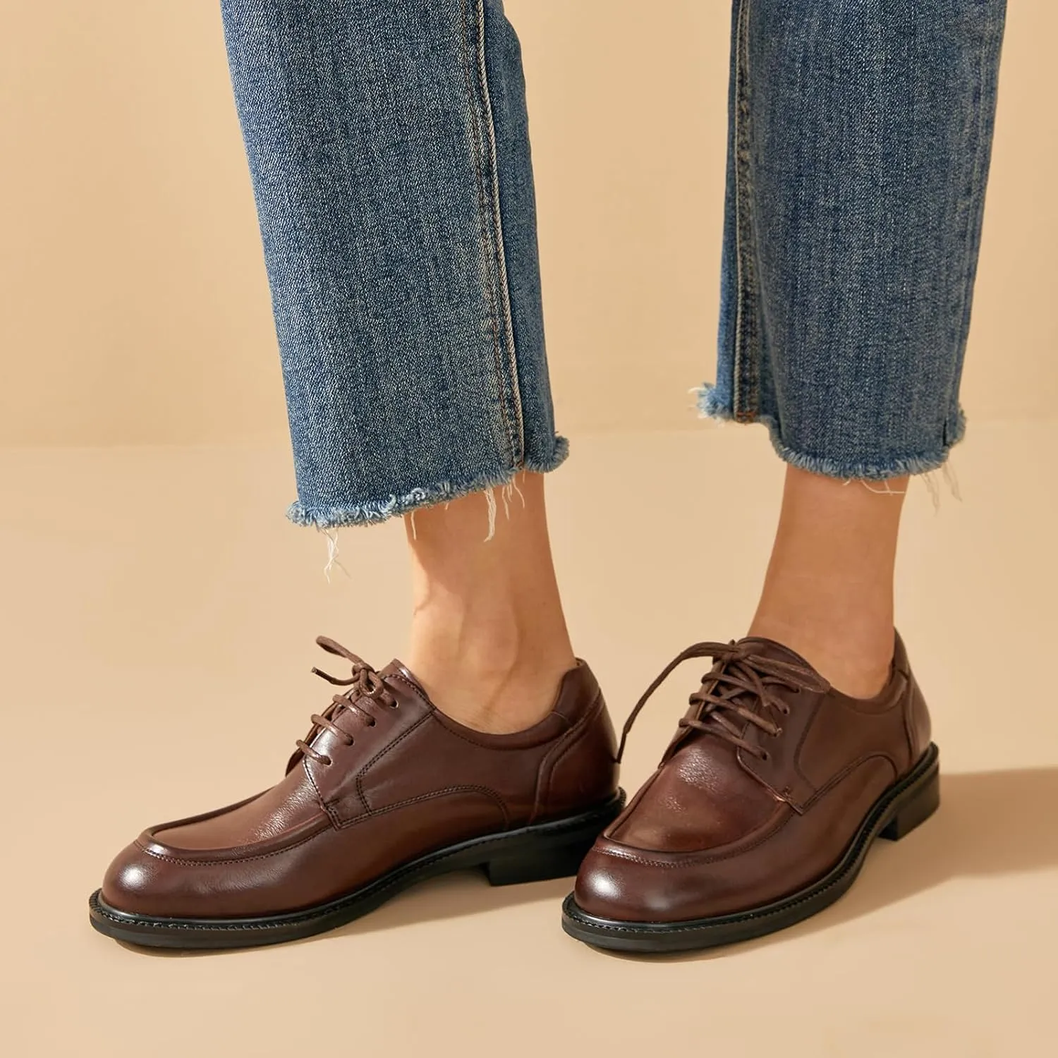 BEAU TODAY Oxford Shoes for Women,Leather Brogue Dress Shoes,Comfort Brethable Ladies Lace-up Handmade Wingtip Shoes for Business Work