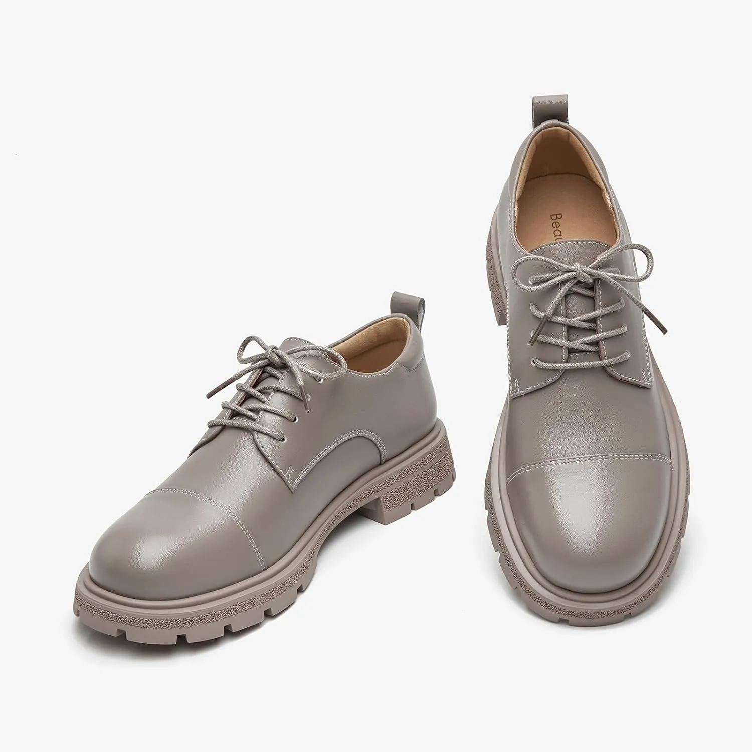 BEAU TODAY Womens Oxford Shoes,Leather Lace-Up Oxfords for Women,Formal Chunky Comfortable Brethable Round Toe Non Slip Business Work Casual Office Dress Shoes