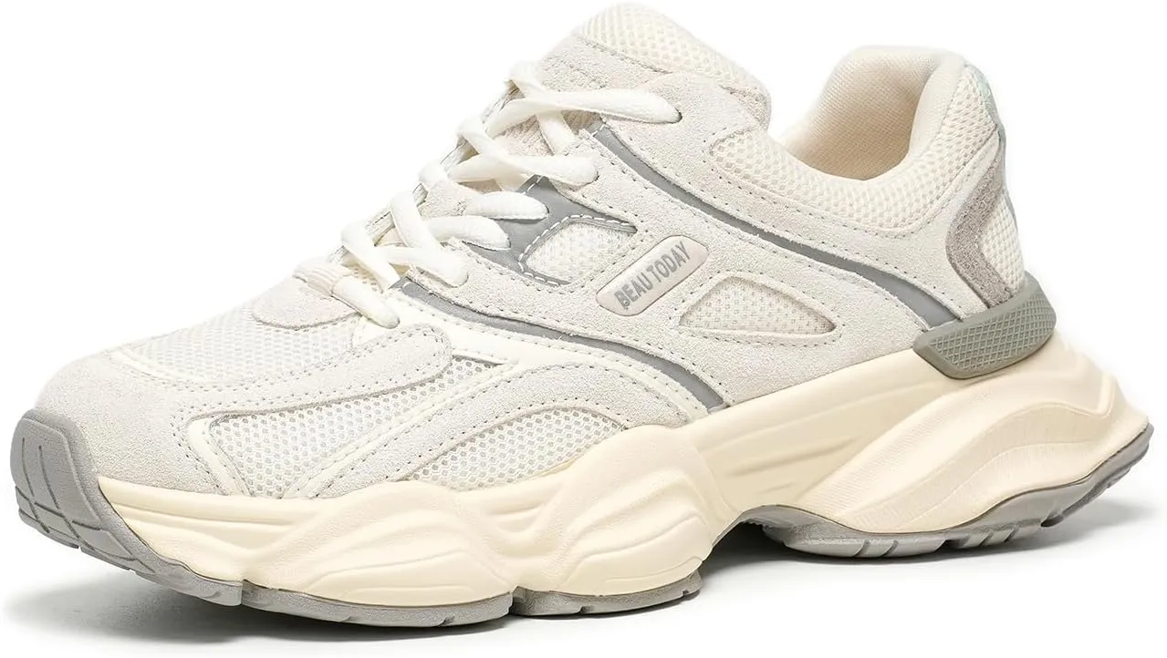 BEAU TODAY Womens Walking Shoes, Casual Fashion Wide Sneakers for Women, Comfortable Retro Walkikng Sneakers, Lightweight Breathable Non-Slip Trainer Workout Gym Athletic Running Shoes