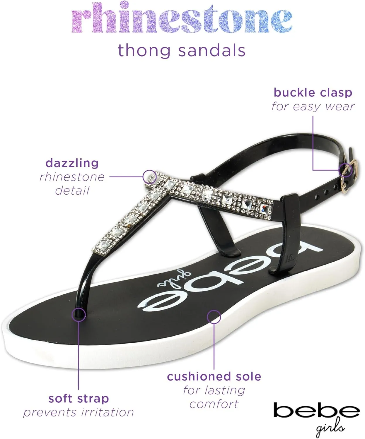 bebe Girls' Sandals - 2 Pack Open Toe Summer Flat Dress Thong T-Strap Sandals with Adjustable Ankle Strap and Cushioned Sole