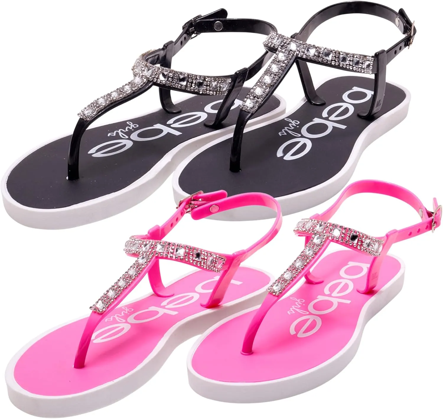 bebe Girls' Sandals - 2 Pack Open Toe Summer Flat Dress Thong T-Strap Sandals with Adjustable Ankle Strap and Cushioned Sole