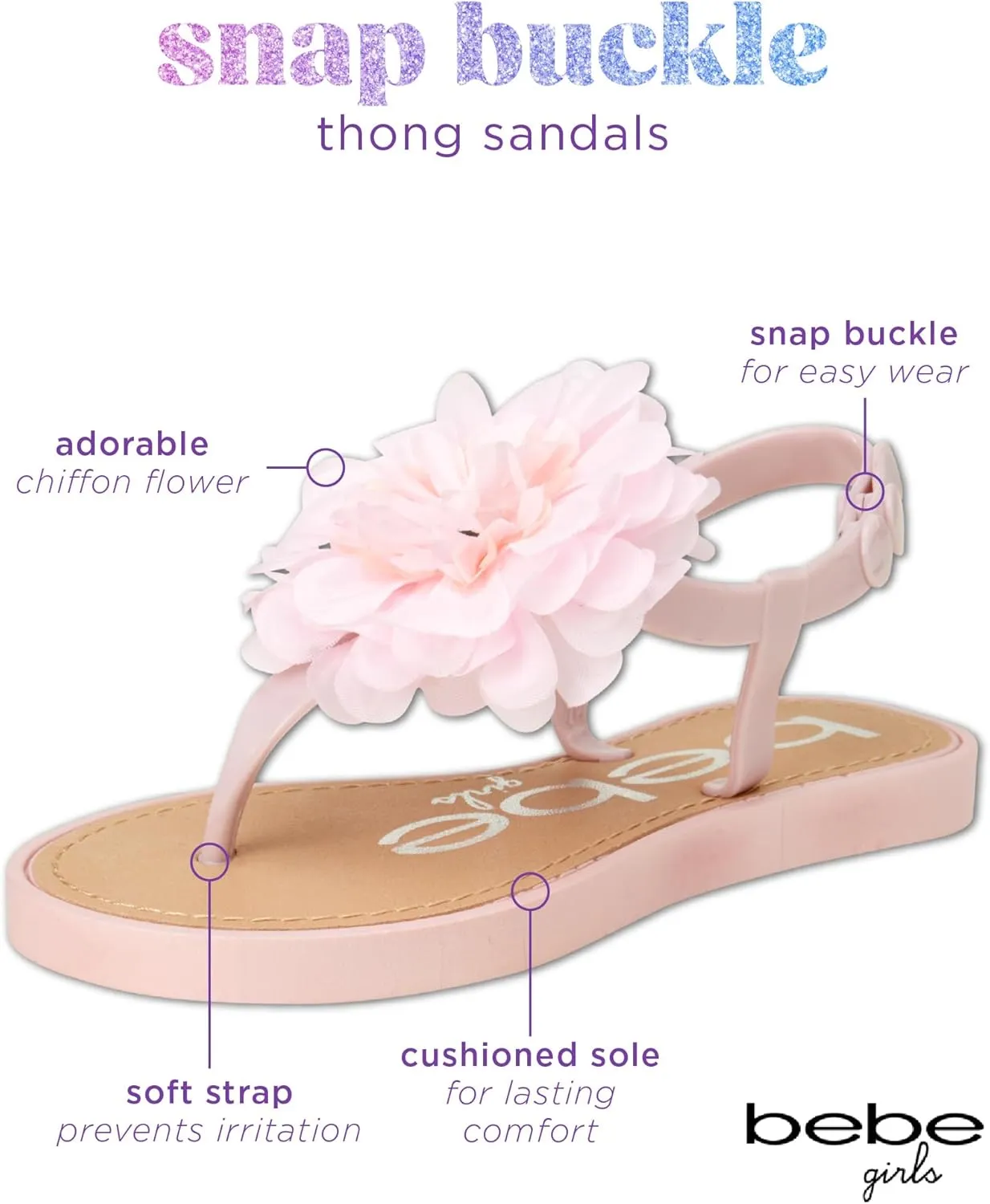 bebe Girls' Sandals - Open Toe Summer Flat Dress Shoes Snap Buckle Sandals with Chiffon Flower Design and Cushioned Sole