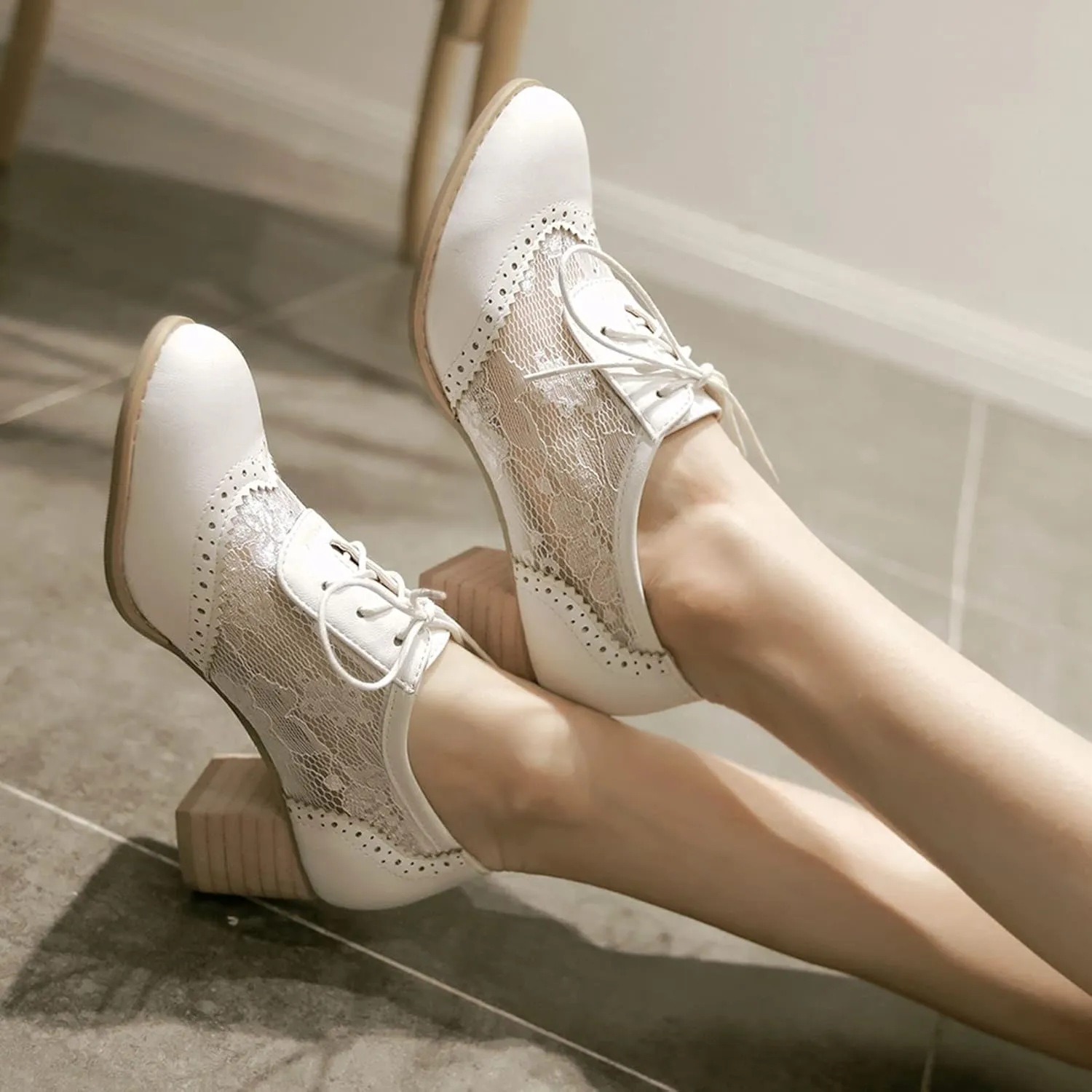 Bellirala Womens Brogues Oxfords Block Heels Lace Up Pumps Wingtip Mesh Dress Shoes