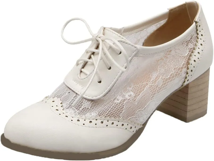 Bellirala Womens Brogues Oxfords Block Heels Lace Up Pumps Wingtip Mesh Dress Shoes