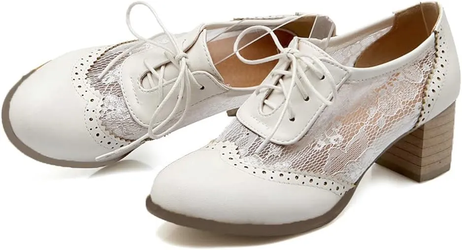 Bellirala Womens Brogues Oxfords Block Heels Lace Up Pumps Wingtip Mesh Dress Shoes