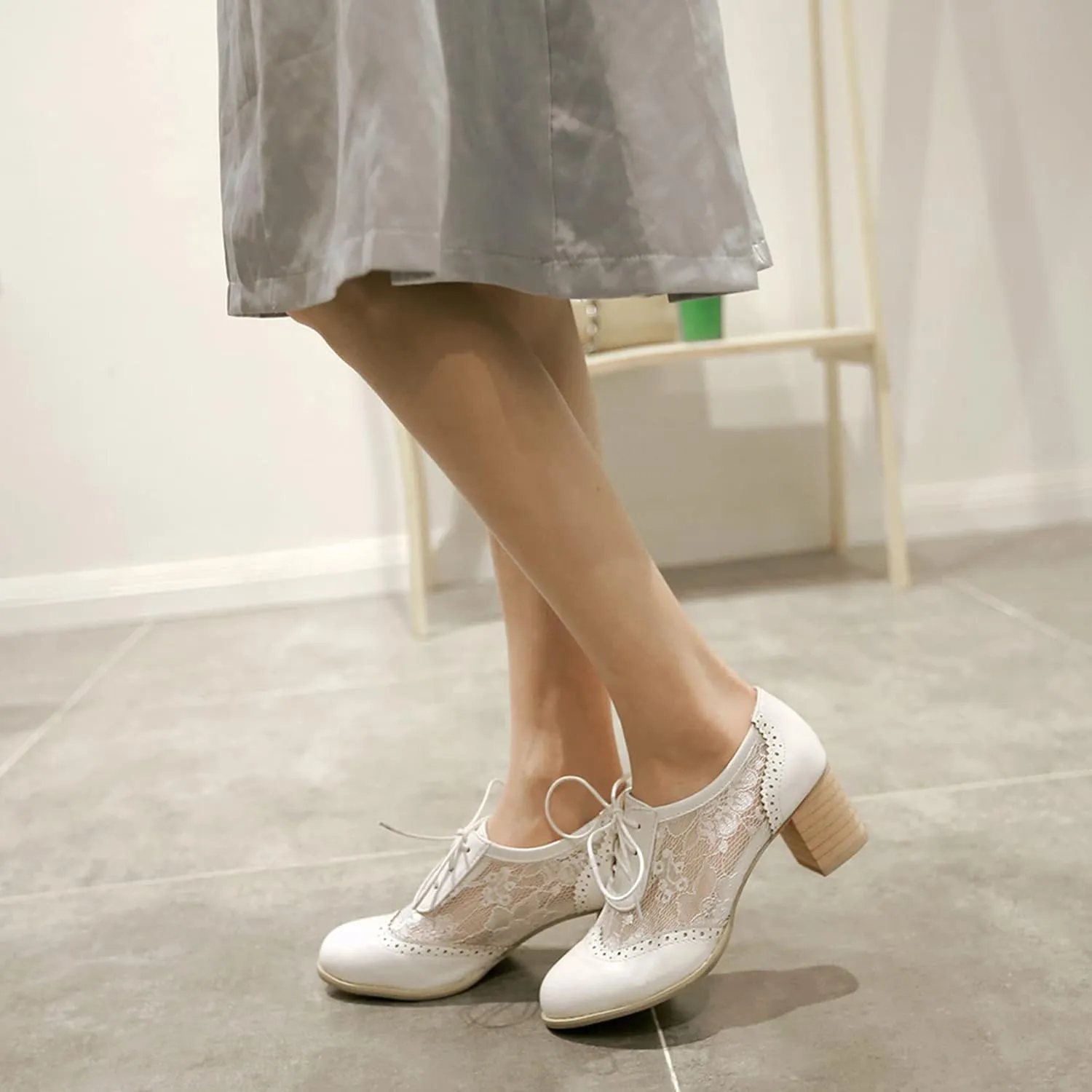 Bellirala Womens Brogues Oxfords Block Heels Lace Up Pumps Wingtip Mesh Dress Shoes