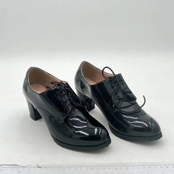 Black Casual Lace Up Oxford Pumps Chunky Heel Classic Round Toe Dress Shoes