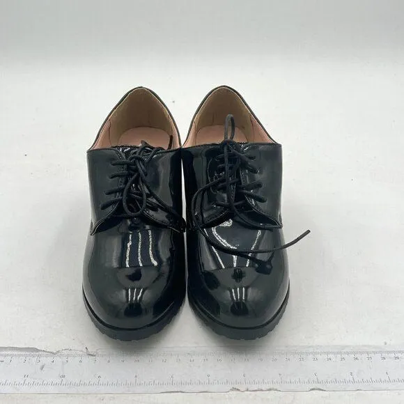 Black Casual Lace Up Oxford Pumps Chunky Heel Classic Round Toe Dress Shoes