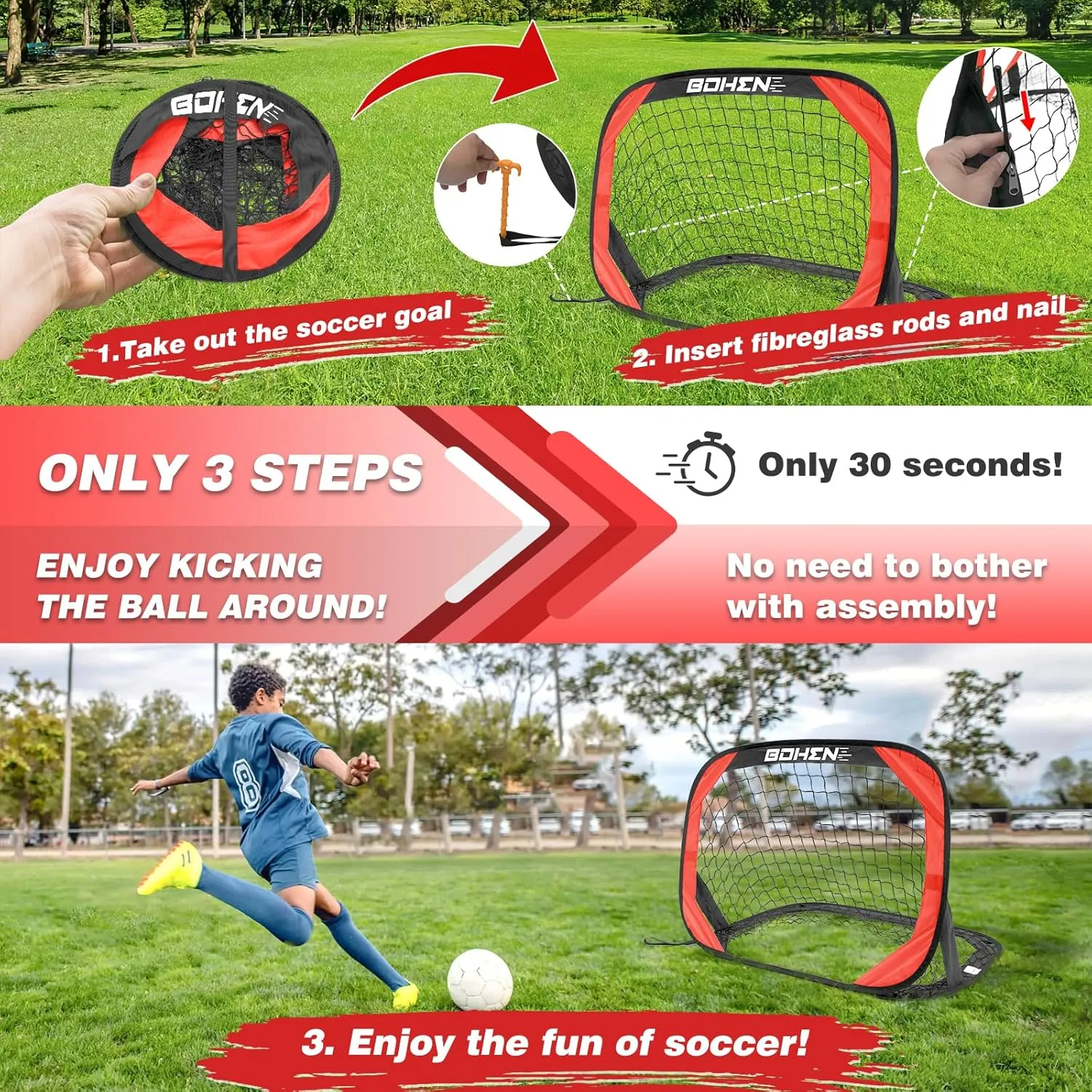 BOHEN Pop Up Soccer Goals for Kids-Foldable Portable Soccer Net for Outdoor Indoor Backyard Beach(3.3x2.2FT)