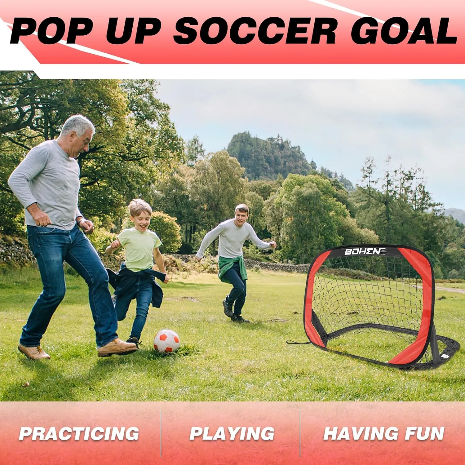 BOHEN Pop Up Soccer Goals for Kids-Foldable Portable Soccer Net for Outdoor Indoor Backyard Beach(3.3x2.2FT)