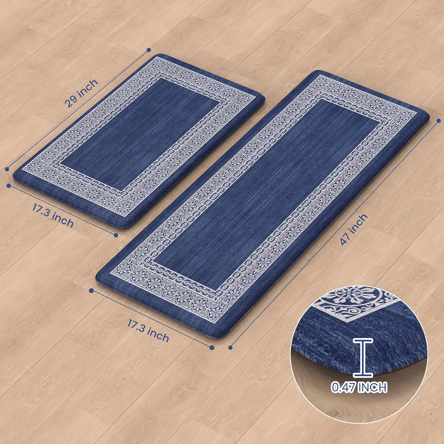 Bordered Anti Fatigue Kitchen Mat, Non Slip Cushioned Kitchen Floor Mats Waterproof Kitchen Rugs Sets of 2, Thick Comfort Floral Standing Desk Mat for Office Laundry Sink(Blue)