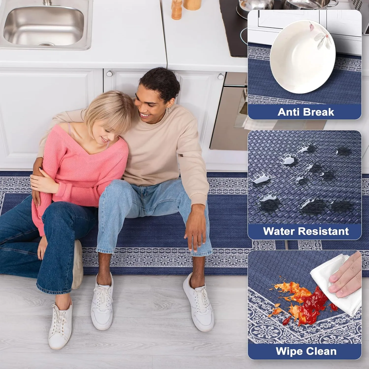 Bordered Anti Fatigue Kitchen Mat, Non Slip Cushioned Kitchen Floor Mats Waterproof Kitchen Rugs Sets of 2, Thick Comfort Floral Standing Desk Mat for Office Laundry Sink(Blue)