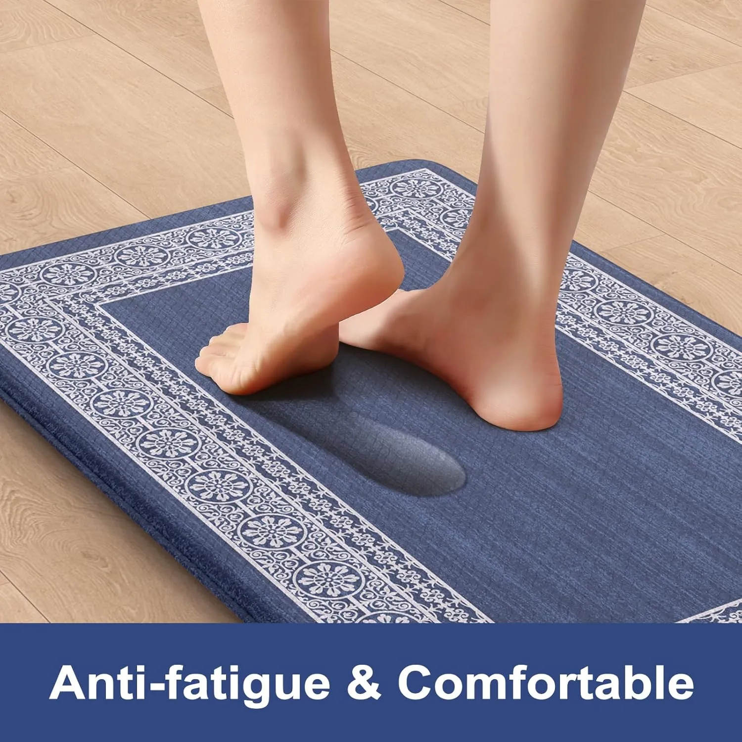 Bordered Anti Fatigue Kitchen Mat, Non Slip Cushioned Kitchen Floor Mats Waterproof Kitchen Rugs Sets of 2, Thick Comfort Floral Standing Desk Mat for Office Laundry Sink(Blue)