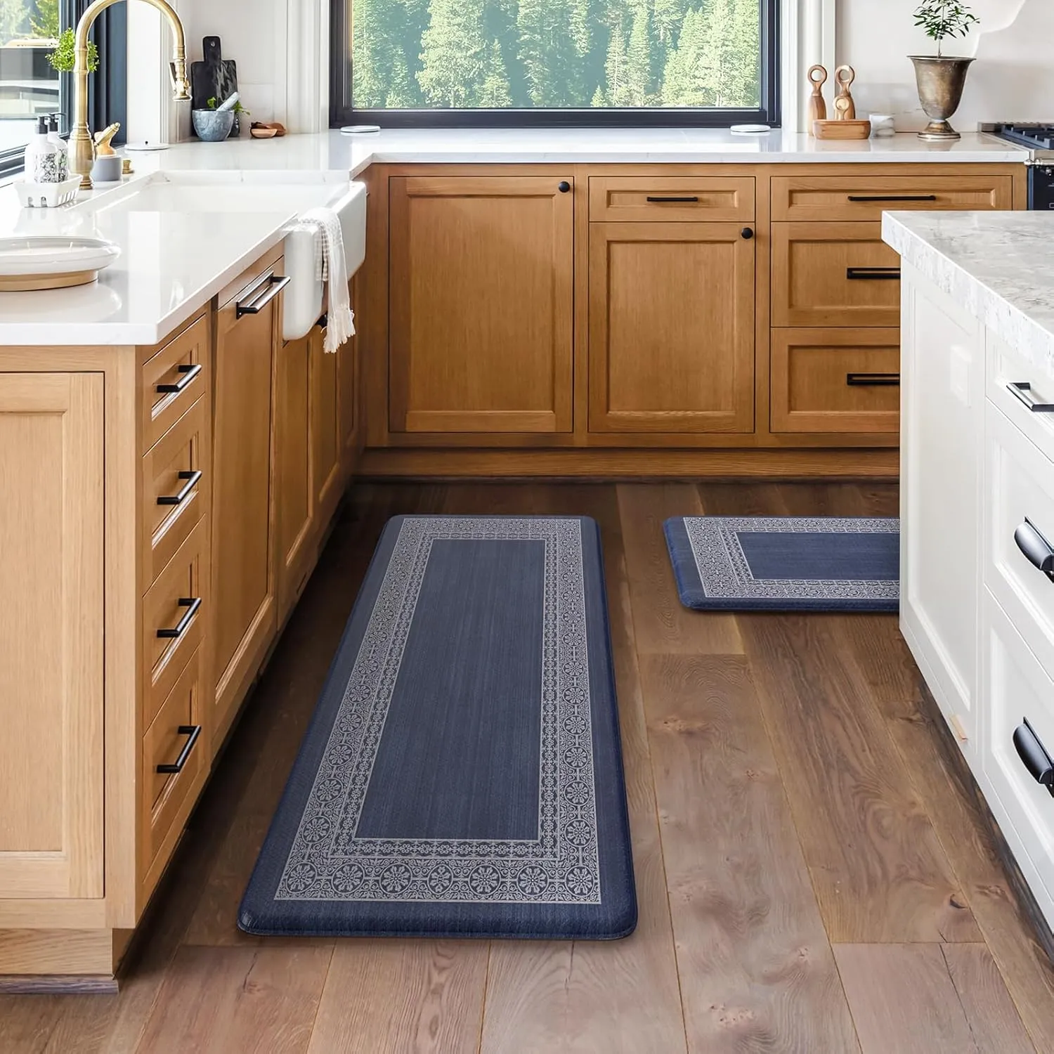 Bordered Anti Fatigue Kitchen Mat, Non Slip Cushioned Kitchen Floor Mats Waterproof Kitchen Rugs Sets of 2, Thick Comfort Floral Standing Desk Mat for Office Laundry Sink(Blue)
