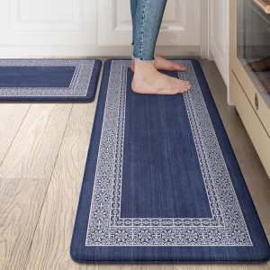Bordered Anti Fatigue Kitchen Mat, Non Slip Cushioned Kitchen Floor Mats Waterproof Kitchen Rugs Sets of 2, Thick Comfort Floral Standing Desk Mat for Office Laundry Sink(Blue)