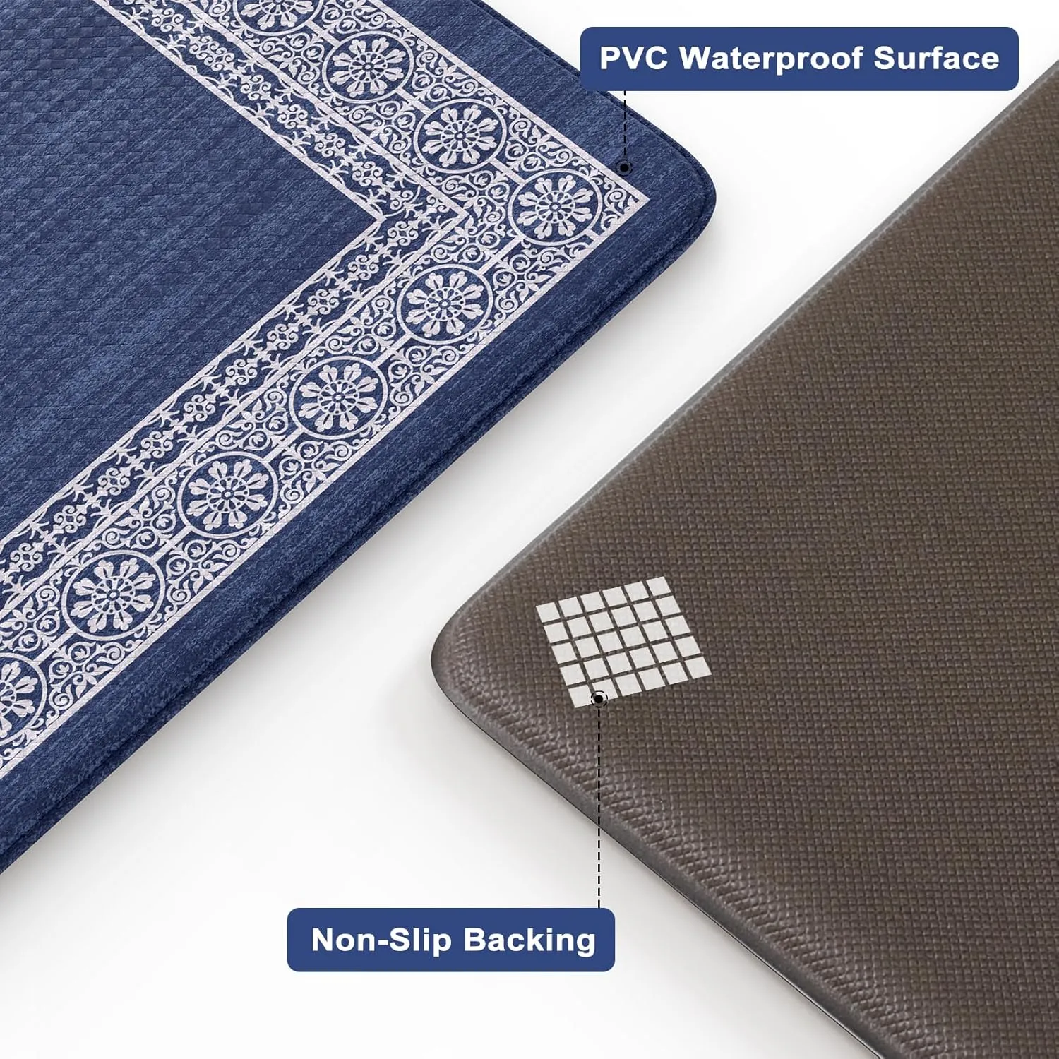 Bordered Anti Fatigue Kitchen Mat, Non Slip Cushioned Kitchen Floor Mats Waterproof Kitchen Rugs Sets of 2, Thick Comfort Floral Standing Desk Mat for Office Laundry Sink(Blue)