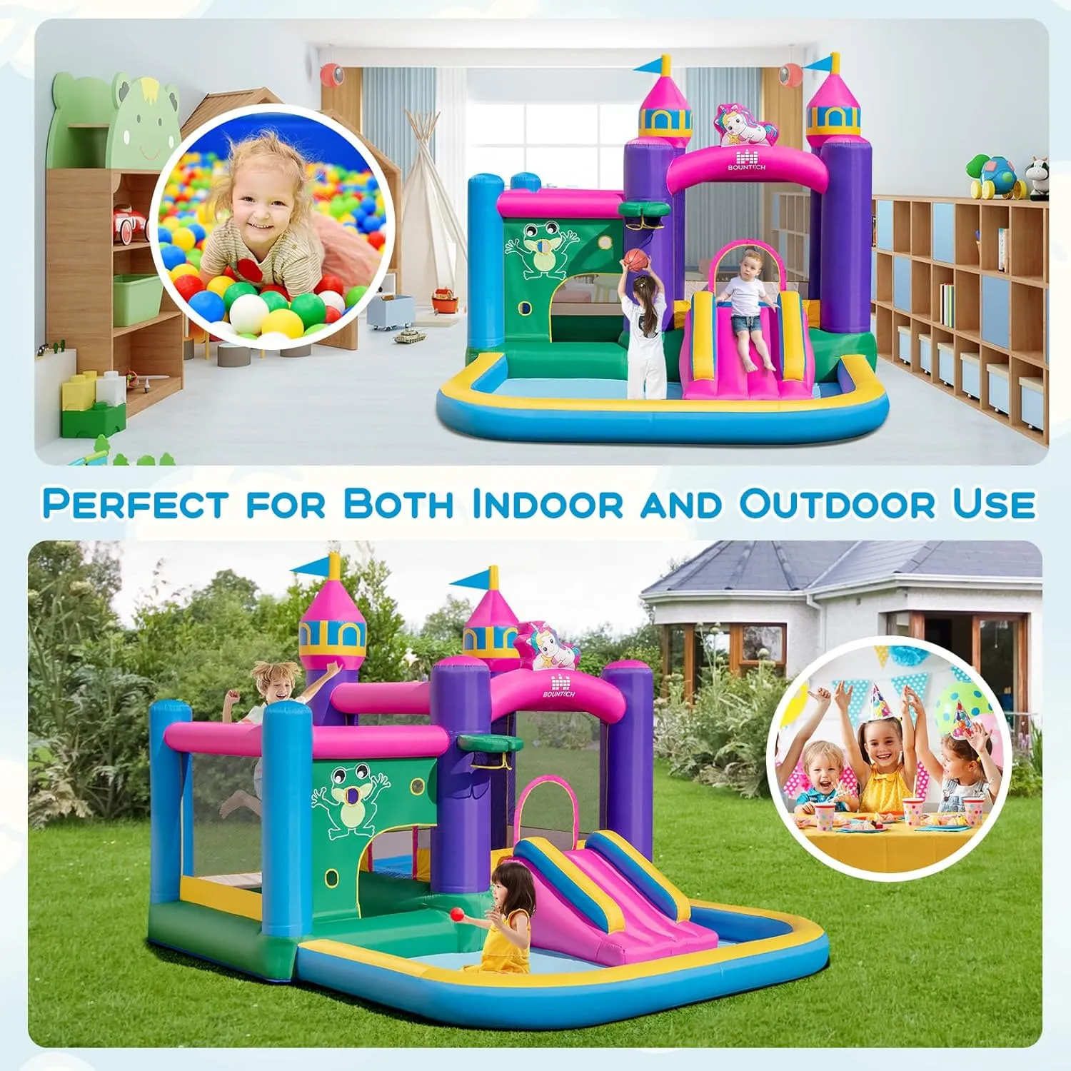 BOUNTECH Inflatable Bounce House, 6-in-1 Blow up Bounce House for Kids 3-6 Indoor Outdoor Party Family Fun w/Large Ball Pit, Basketball Rim, Bouncy House with Ball Pit for Birthday Party Gifts
