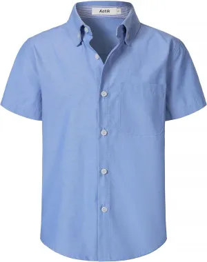 Boys Oxford Button Down Shirt Short Sleeve Formal Uniform Dress Shirts with Pocket