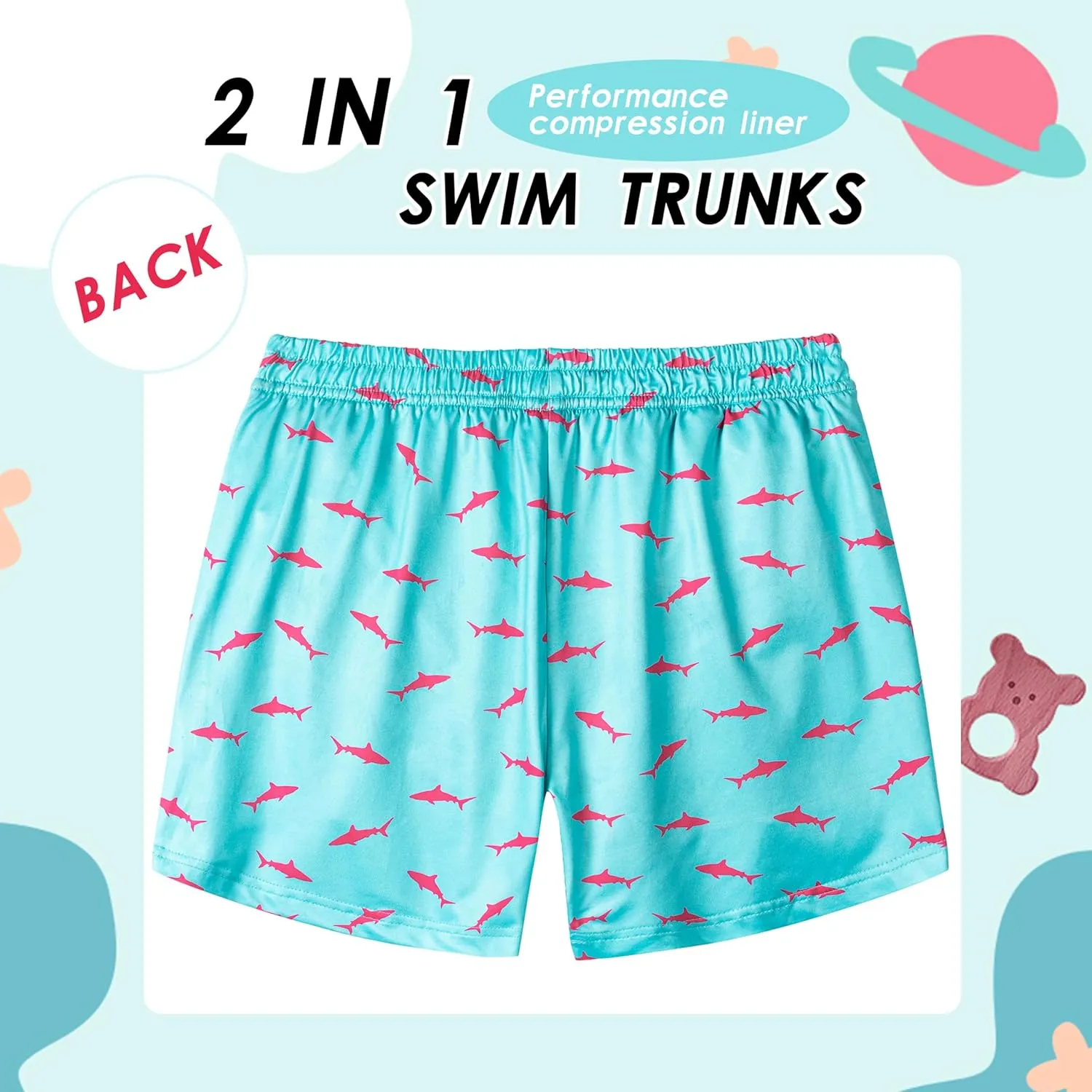 Boys Swim Trunks with Compression Liner Boys Stretch Swim Shorts Quick Dry 2 in 1 Beach Shorts 4-17 Y