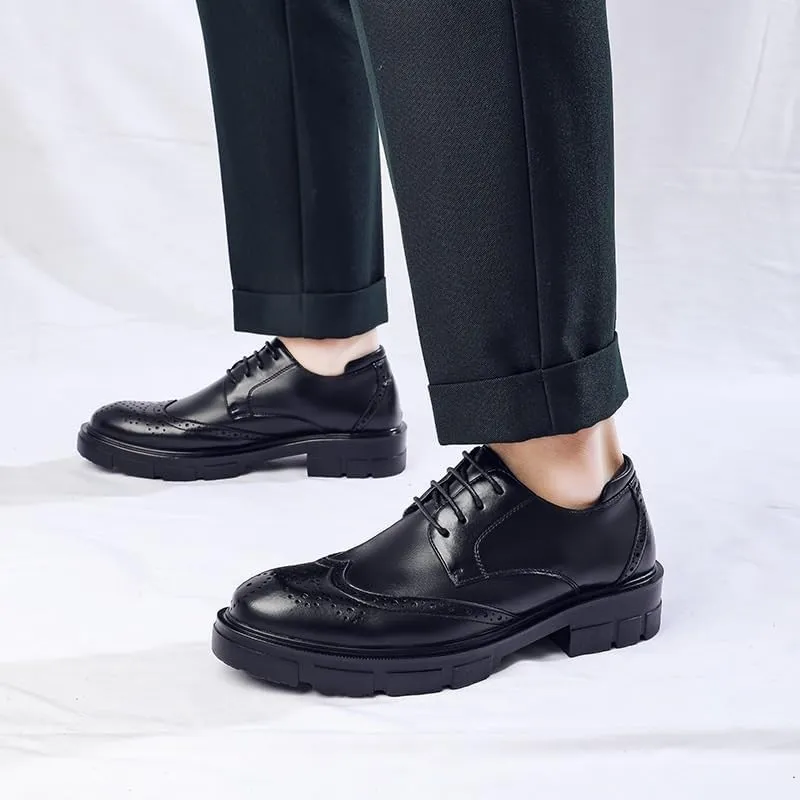British Style Black Casual Dress Shoes Classic Platform Height Increase Leather Shoes Men's Fashionable Breathable Lace-up Oxford