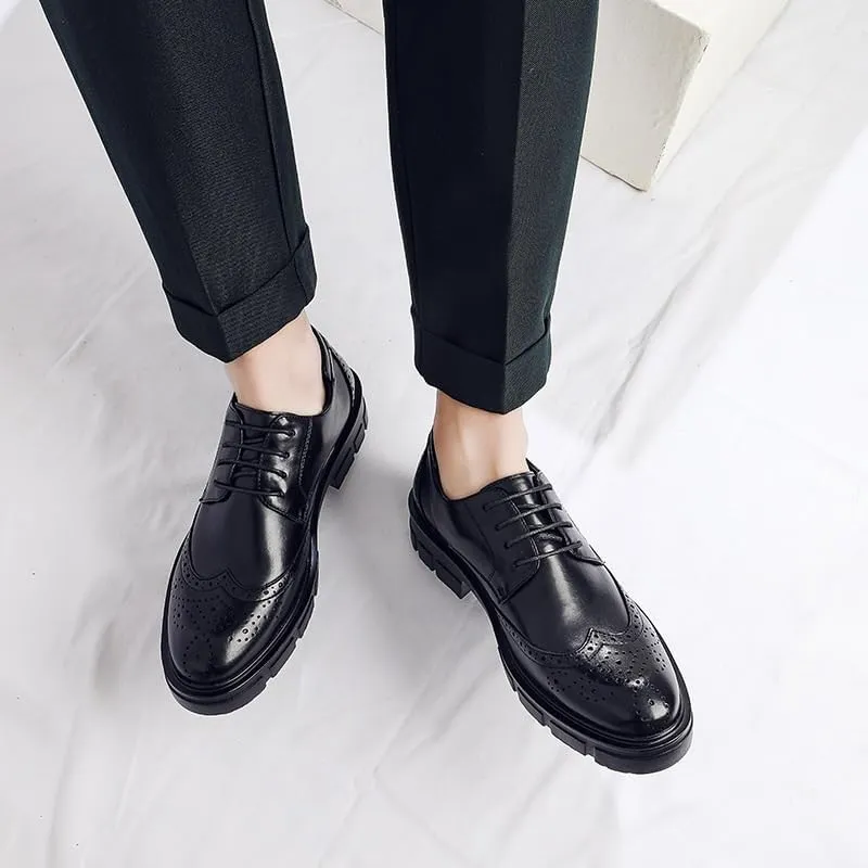 British Style Black Casual Dress Shoes Classic Platform Height Increase Leather Shoes Men's Fashionable Breathable Lace-up Oxford