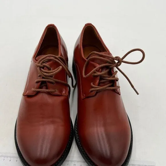 Brown Women Leather Classic Lace up Oxford Low Heel Round Toe Casual Dress Pump