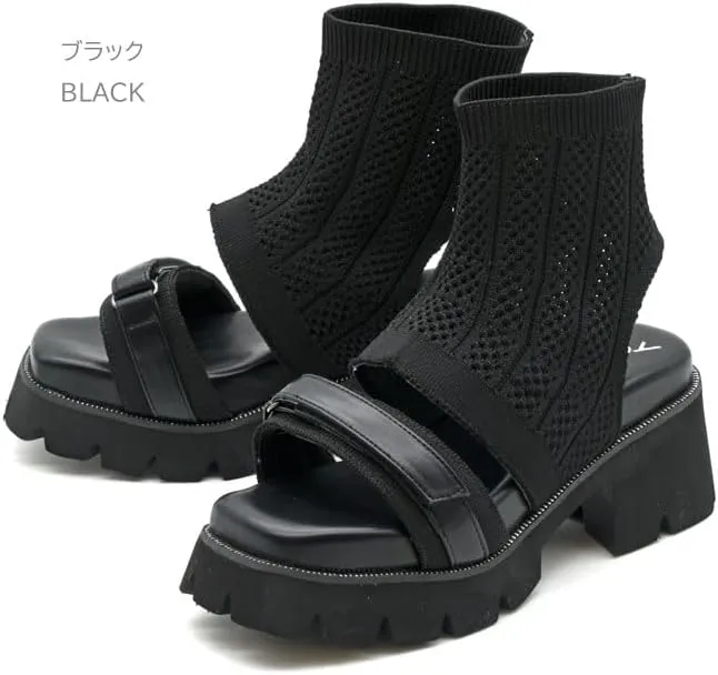 by ashinagaojisan 8990017 Women's Boots Sandals, Knit Sandals, Thick Sole, S-LL, Black, Khaki, Heel Height, 3.0 inches (7.5 cm)