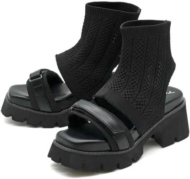 by ashinagaojisan 8990017 Women's Boots Sandals, Knit Sandals, Thick Sole, S-LL, Black, Khaki, Heel Height, 3.0 inches (7.5 cm)