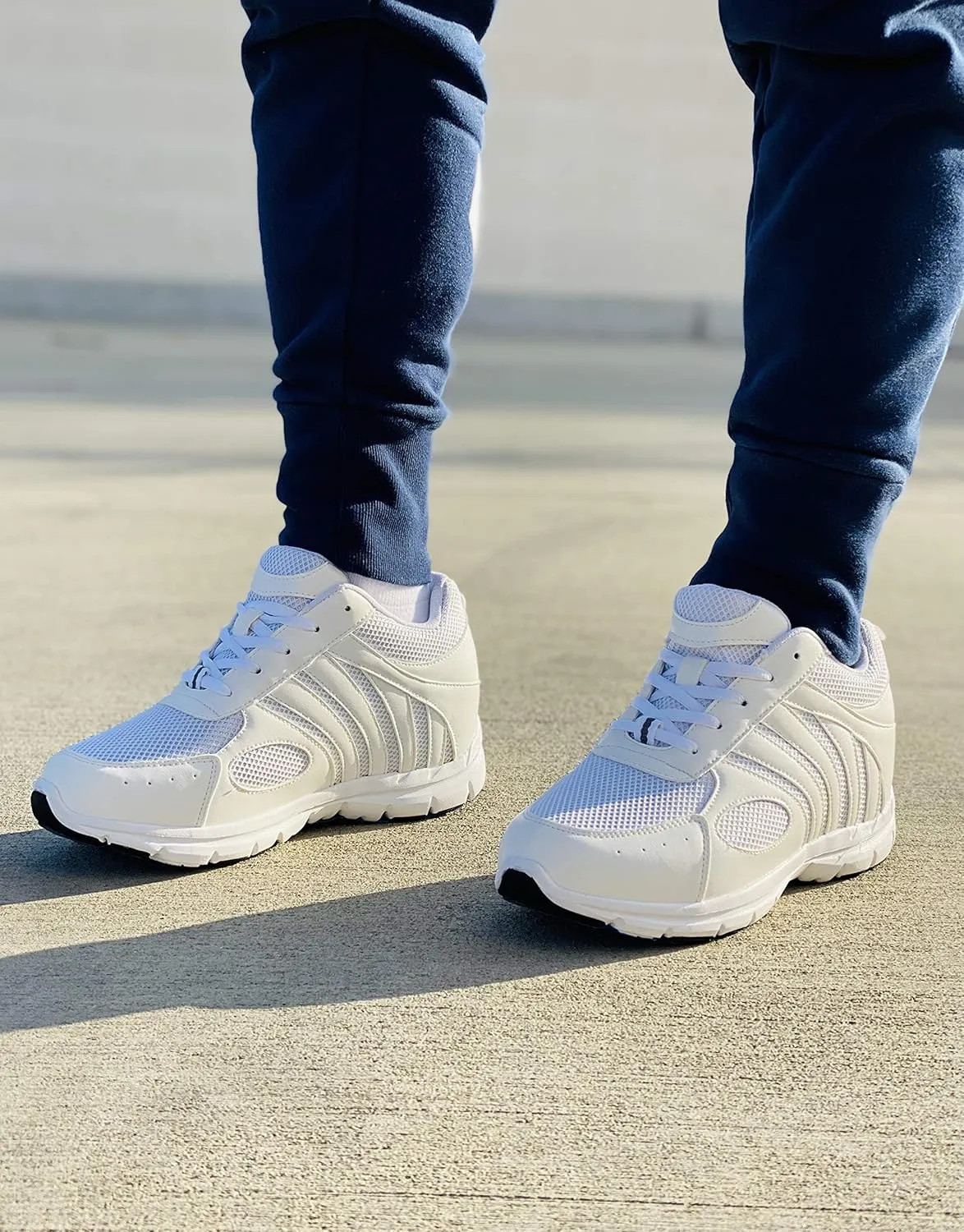 CALTO Men's Invisible Height Increasing Elevator Shoes - White Leather/Mesh Lace-up Super Lightweight Trainer Sneakers - 3 Inches Taller - G3303 - Size 10 D(M) US