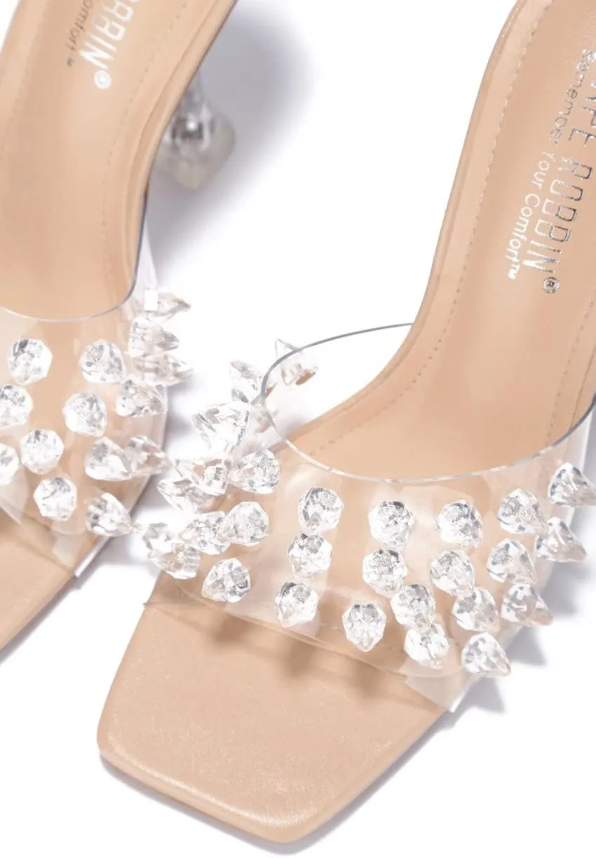 Cape Robbin Crystalline Crystal Clear Nude Open Toe High Heesl Mule Sandals