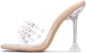 Cape Robbin Crystalline Crystal Clear Nude Open Toe High Heesl Mule Sandals