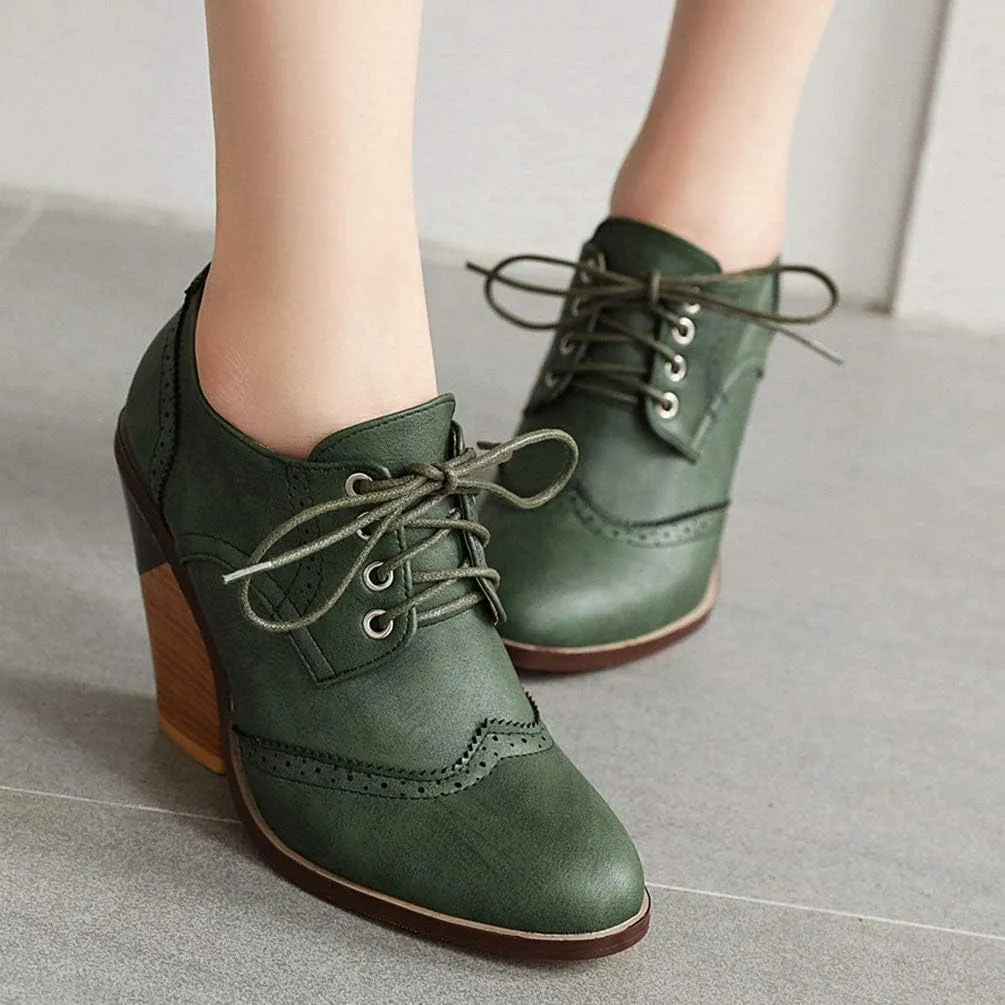Caradise Womens Wingtip Oxford High Heels Round Toe Lace Up Brogue
