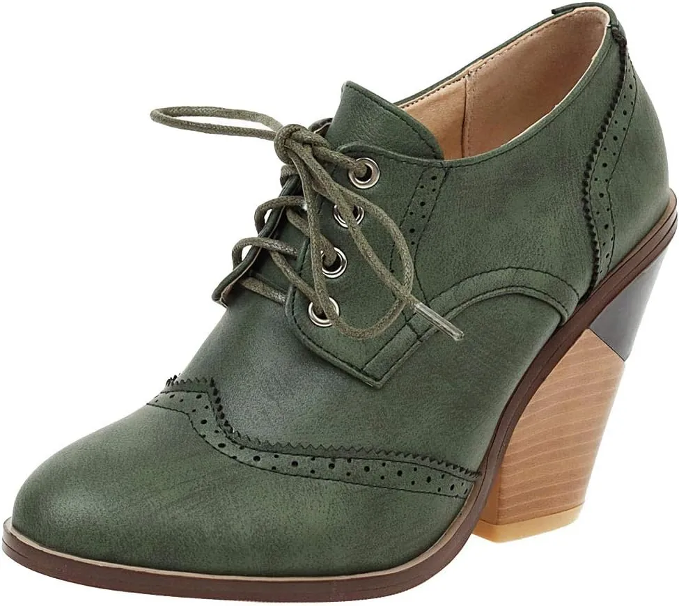 Caradise Womens Wingtip Oxford High Heels Round Toe Lace Up Brogue