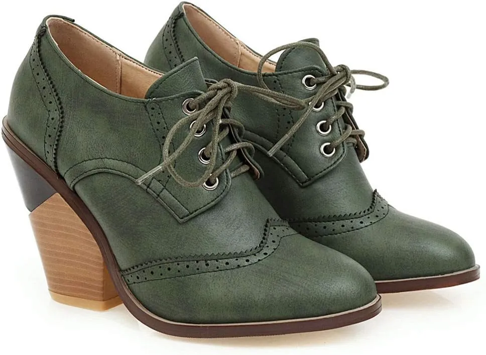Caradise Womens Wingtip Oxford High Heels Round Toe Lace Up Brogue