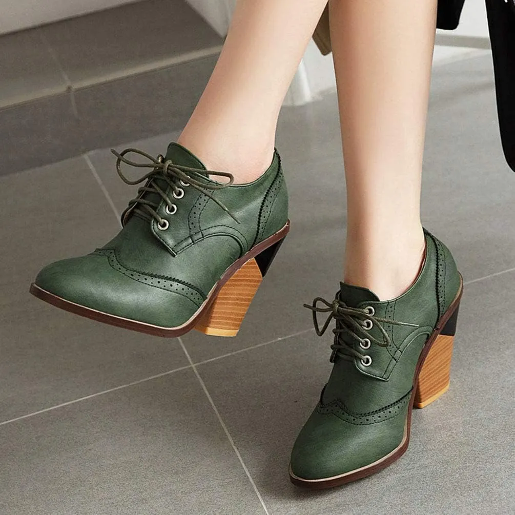 Caradise Womens Wingtip Oxford High Heels Round Toe Lace Up Brogue
