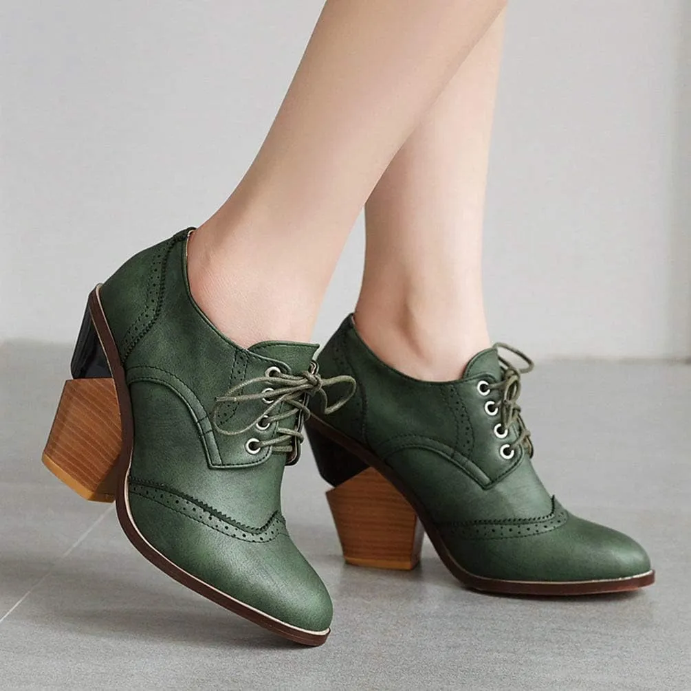 Caradise Womens Wingtip Oxford High Heels Round Toe Lace Up Brogue