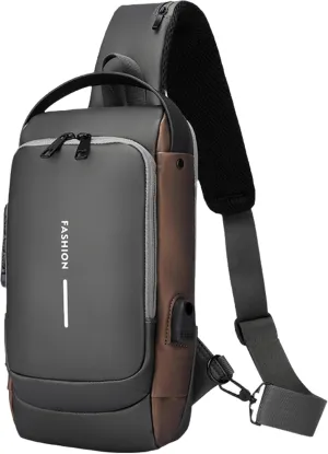 Carbon Fiber Streamline Anti-theft Sling Bag, USB Charging Sport Sling Waterproof Anti Theft Shoulder Bag (Grey with brown)