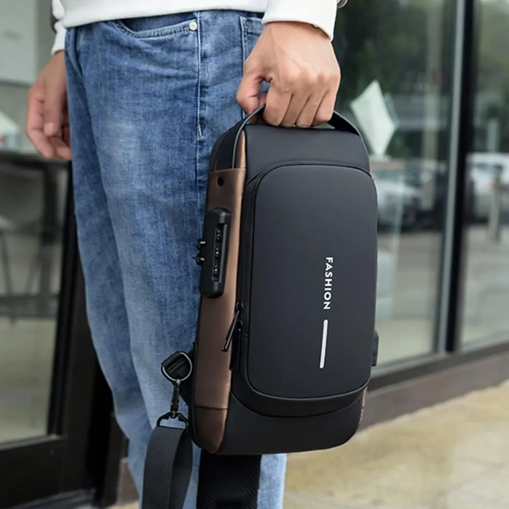 Carbon Fiber Streamline Anti-theft Sling Bag, USB Charging Sport Sling Waterproof Anti Theft Shoulder Bag (Grey with brown)