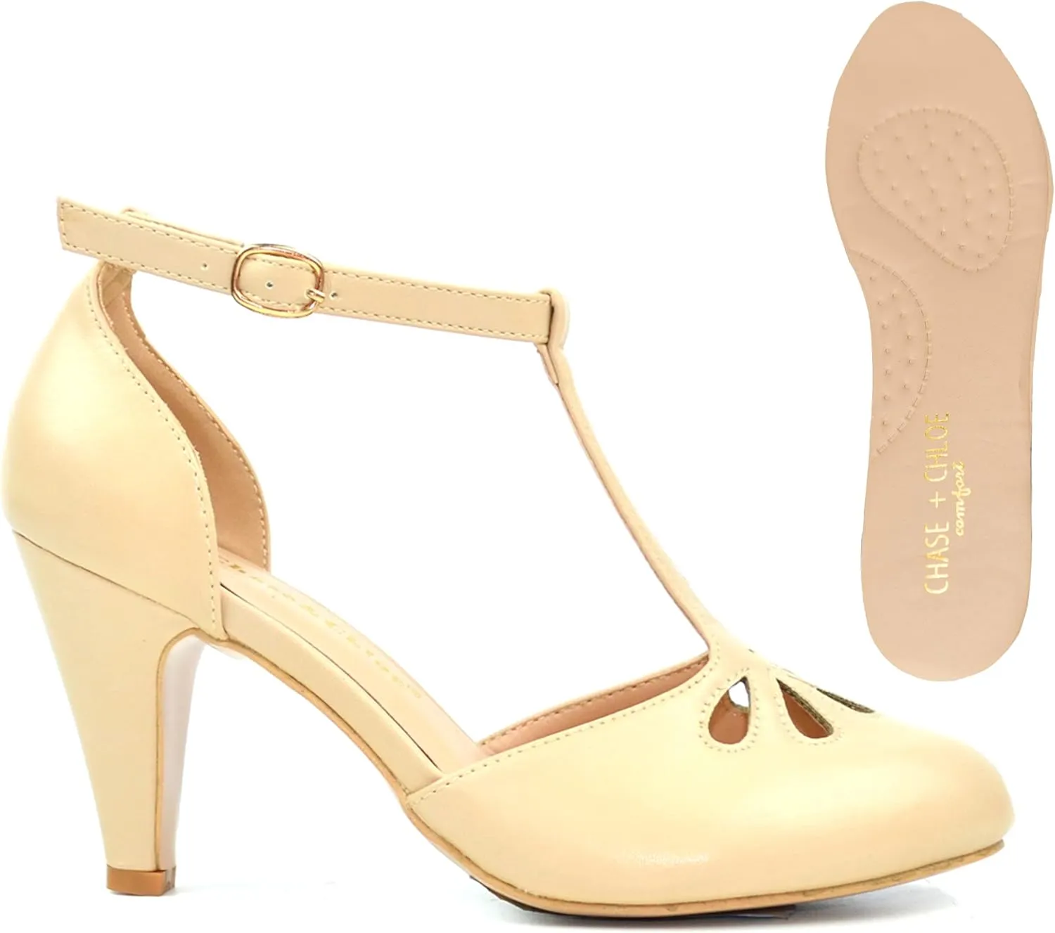 Chase & Chloe Women Mary Jane Oxford Pumps - Cute Low Kitten Heels - Retro Round Toe Shoe with Ankle Strap