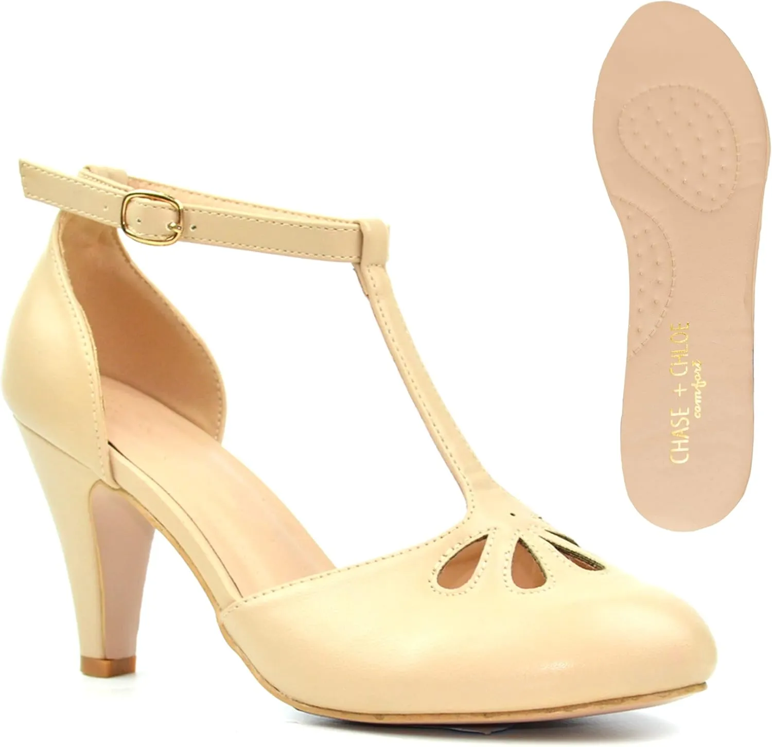 Chase & Chloe Women Mary Jane Oxford Pumps - Cute Low Kitten Heels - Retro Round Toe Shoe with Ankle Strap
