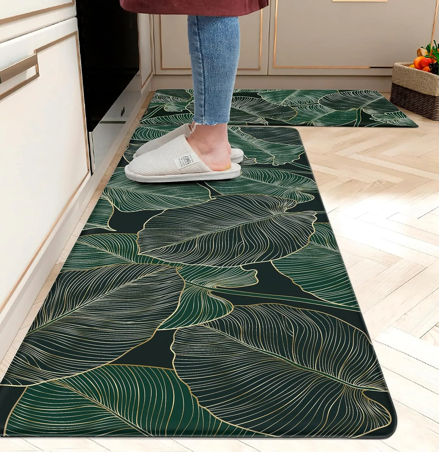 chiinvent Kitchen Mats for Floor Cushioned Anti Fatigue Mats for Kitchen Green Kitchen Floor Mat Memory Foam Boho Kitchen Rugs Luxury Runner Rugs Sets of 2, 17.3x28   17.3x47, 0.4 inches