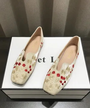 Chinese Style Embroidered Flat Shoes Apricot Cotton Fabric