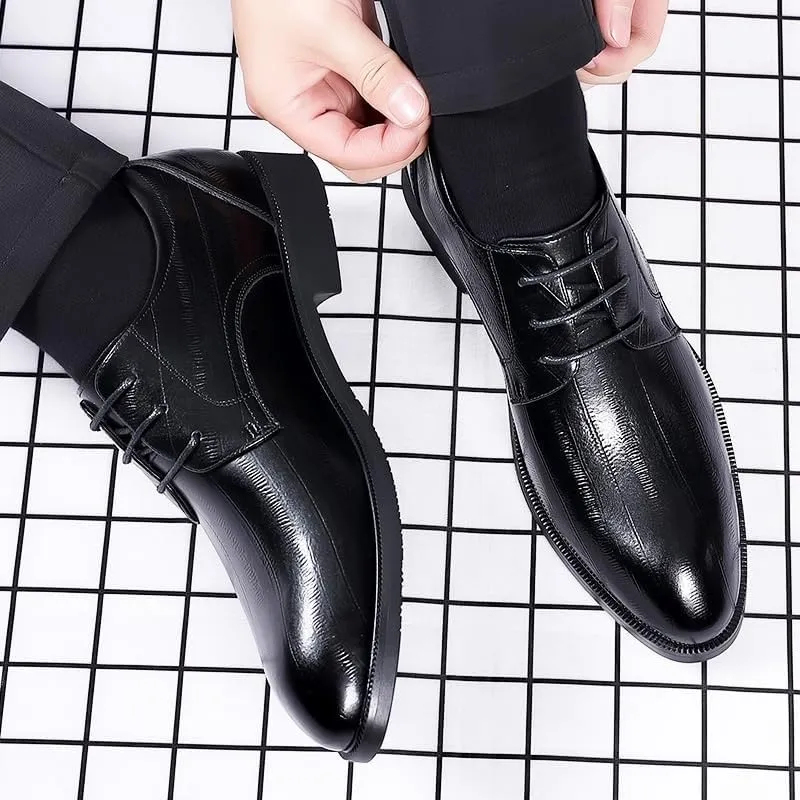 Classic Black Tuxedo Dress Shoes Men's Business Casual Lace-up Oxfords Fashionable All-Match Height Increase Leather Shoes