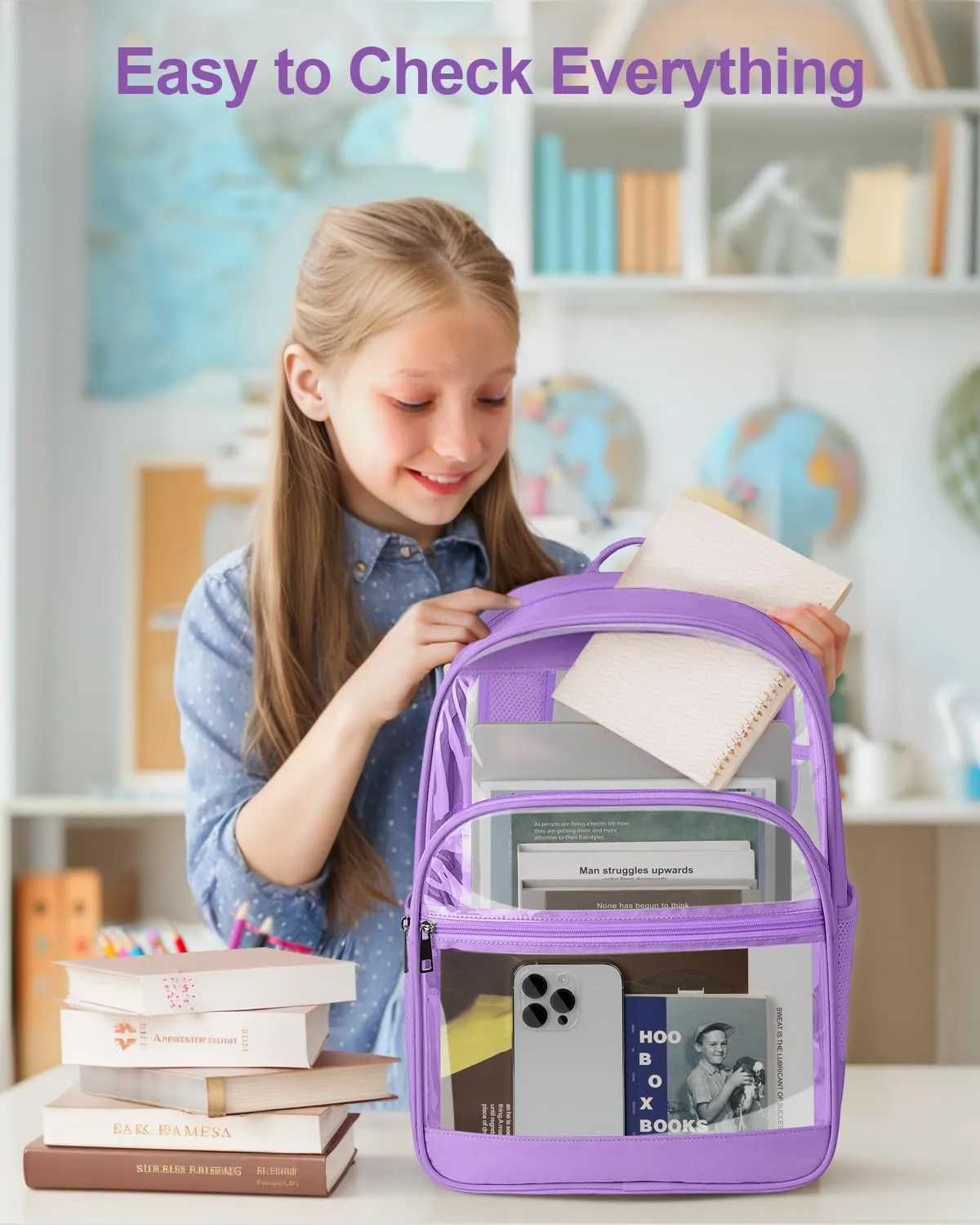 Clear Backpack, Heavy Duty Transparent Bookbag for School, Fabric & PVC Transparent Backpack with Reinforced Strap for Women Men, Capacity Clear Bag for College, Travel, Purple