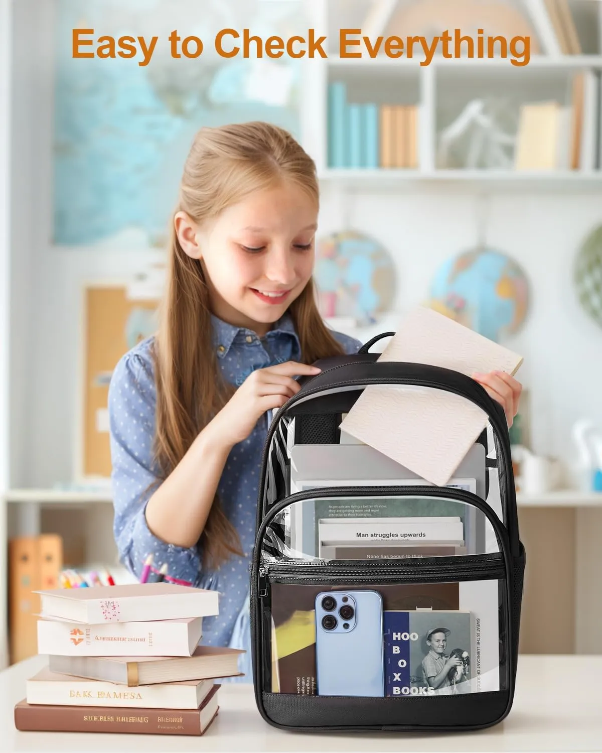 Clear Backpack, Heavy Duty Transparent Bookbag for School, Fabric & PVC Transparent Backpack with Reinforced Strap for Women Men, Capacity Clear Bag for College, Travel, Security, Black