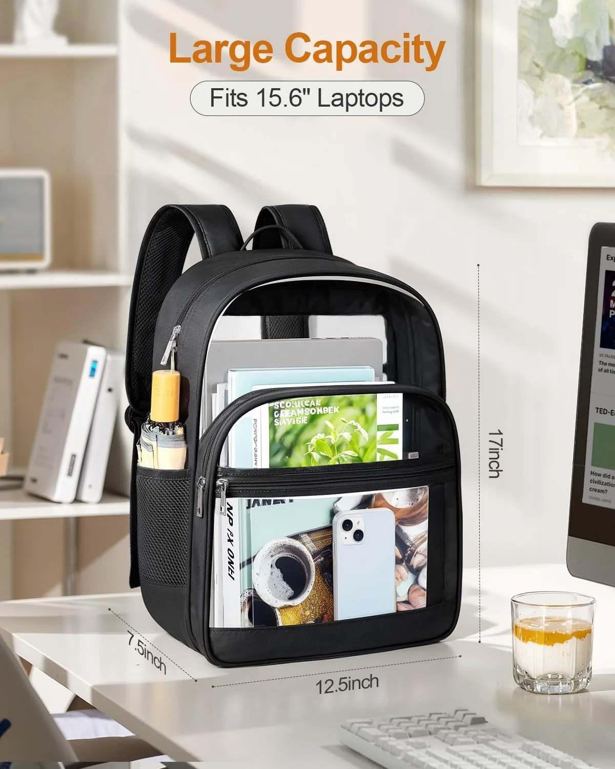 Clear Backpack, Heavy Duty Transparent Bookbag for School, Fabric & PVC Transparent Backpack with Reinforced Strap for Women Men, Capacity Clear Bag for College, Travel, Security, Black