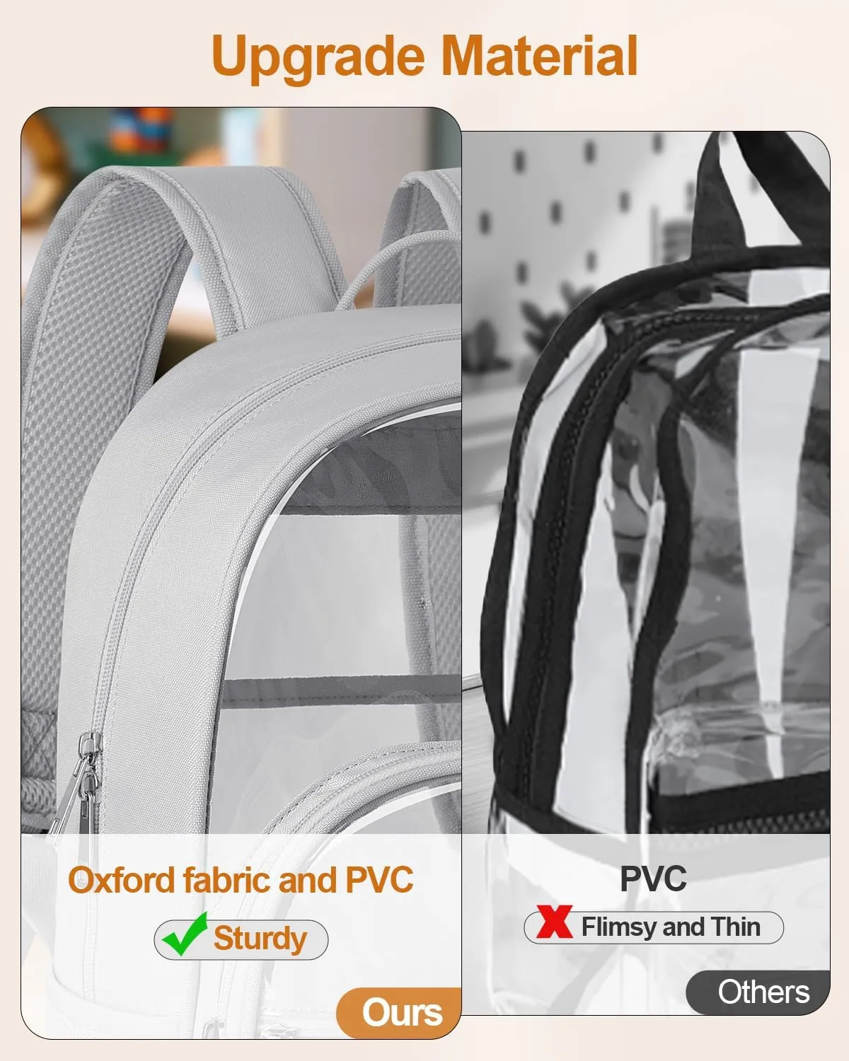 Clear Backpack, Heavy Duty Transparent Bookbag for School, Fabric & PVC Transparent Backpack with Reinforced Strap for Women Men, Capacity Clear Bag for College, Travel, Security, Grey