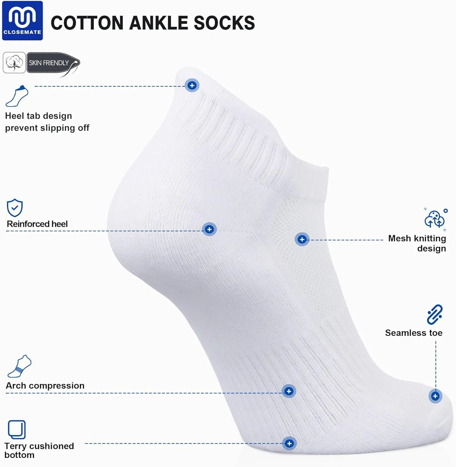 CLOSEMATE 7 Pairs Ankle Athletic Running Socks for Men Women - Comfortable Cotton Cushioned and Anti-Blister